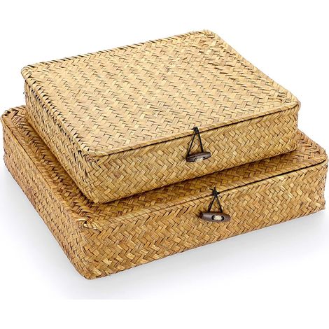 Panier Rangement - Jonc De Mer - Avec Couvercle - Pour Etagere - Rectangulaire - Naturel - 2 Pièces (1/5)