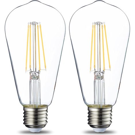 Lot de 2 ampoules LED vintage Culot Edison E27 ST64 6W Filament transparent Intensité non variable [Classe énergétique E]