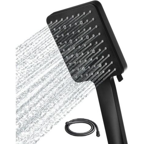 Pommeau de douche à main carré haute pression avec tuyau de 1.5 m - 6 modes de pulvérisation - Noir (1/4)