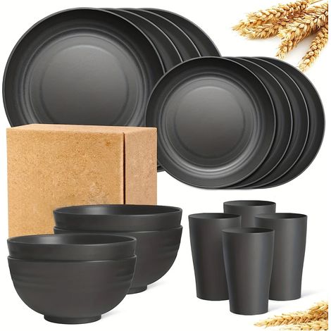 Service de table incassable en paille de blé (16 pièces, 8 pièces, 4 pièces, 4 pièces) - Compatible micro-ondes et lave-vaisselle - Réutilisable - Assiettes, bols et tasses noirs (1/5)