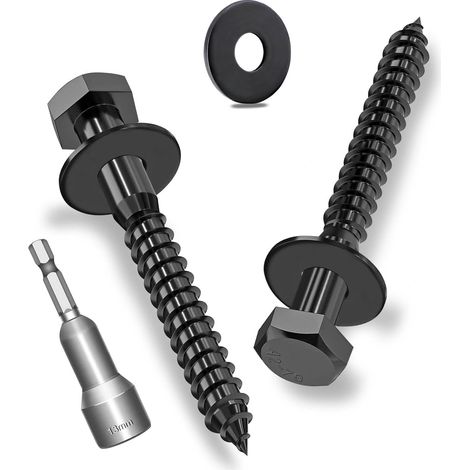 Lot de 12 vis à bois hexagonales M8 x 70 mm avec rondelles, vis hexagonales, noir, acier inoxydable, A2V2-DIN571, vis à clé avec rondelles et clé à douille (1/5)