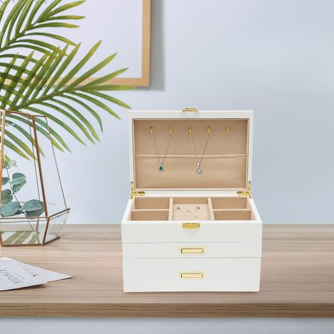 Boîte à bijoux en bois à 3 couches, collier de grande capacité et autres boîtes de rangement de bijoux, doublure en peluche, tapis antidérapant, pour bijoux (blanc) (1/5)