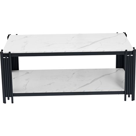 Table basse rectangulaire effet marbre avec 2 niveaux de rangement, plateau blanc, piètement métal noir, pour salon moderne et facile à intégrer - CHICFURN (1/5)