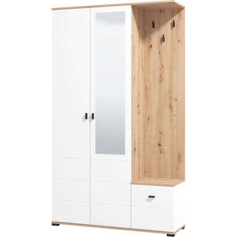 Eingangsmöbel Raroto, Spiegel inklusive, 4 Regale, Garderobe, 116x35x197h cm Weiß