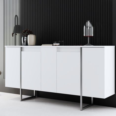Modern Kommode Weiß Luxus 160x80x35 - Silberner Rahmen