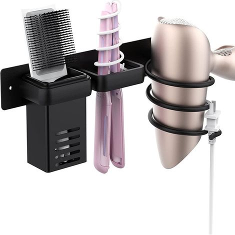 Support Seche Cheveux Porte Seche Cheveux Mural Support Seche Cheveux et Lisseur pour Rangement Brosse a Cheveux Hair Dryer Lisseur pour Salle ，Noir