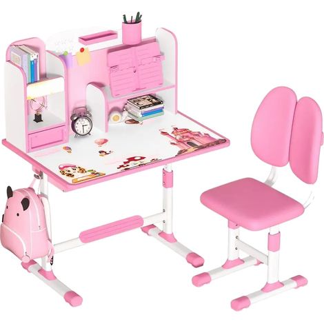Kinderschreibtisch-Set mit Stuhl und Schreibtisch, ergonomisches Design, höhenverstellbar, Rosa (1/2)