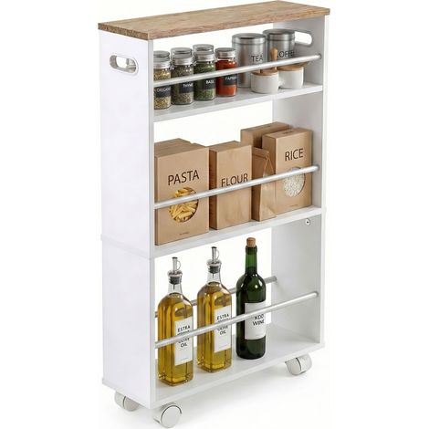 Relaxdays carro para huecos, 80x15x45 cm, estantería estrecha para baño y cocina, 4 baldas, ruedas y 2 asas, blanco
