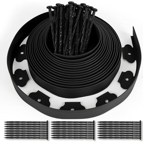 Bordure de Jardin Flexible 10m, Kit Complet 50 Piquets Bordures Pelouse/Parterre en Plastique Recyclé, Hauteur 5cm, Noir (1/5)