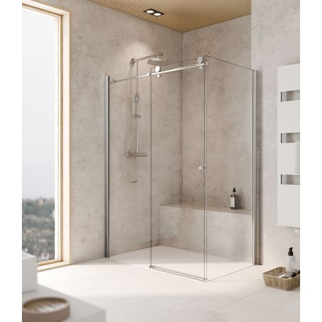 Porte de douche coulissante + paroi de retour fixe, verre 8 mm, profilé aspect chromé, MasterClass, Schulte, 120 x 90 x 200 cm (1/6)