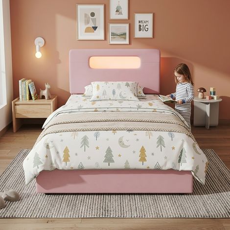 Lit enfant rembourré rose 90x200, 4 tiroirs, LED app, 220 kg (1/5)