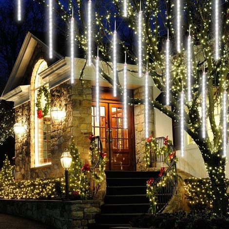 Pluie De Météores 80cm 8 Tubes 576 LEDS Guirlande Lumineuse, Météore Douche Lumière pour Noel Extérieure Jardin Arbre Décoration Blanc (1/5)