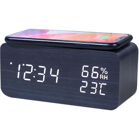 Réveil numérique, alarme de température et d'humidité, horloge électronique LED, chargeur sans fil pour smartphone (noir) (1/5)
