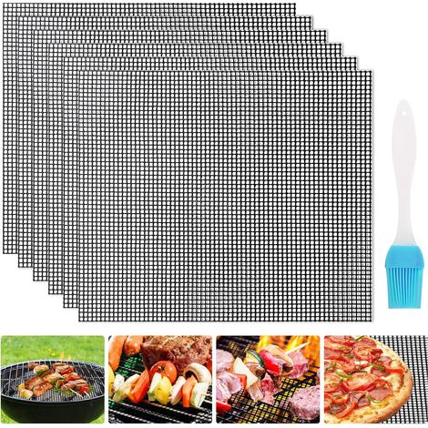 6 pezzi Tappetini per barbecue 40x33 cm Tappetini da cucina antiaderenti, Tappetini per barbecue riutilizzabili Tappetino per barbecue in rete con spazzola per olio per grigliare carne e verdure (1/5)