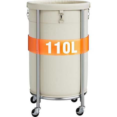 Panier à Linge 110L avec Roulettes, Chariot Rond en Acier, Sac Amovible Lavable, 4 Roues Pivotantes avec 2 Freins, pour Buanderie Chambre Salle de Bain, Crème (1/5)