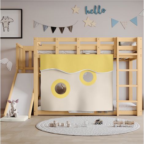 Letto a castello 90x200cm, scala robusta e sponde protettive, scivolo incluso, design salvaspazio, legno, naturale(Senza materasso) (1/5)