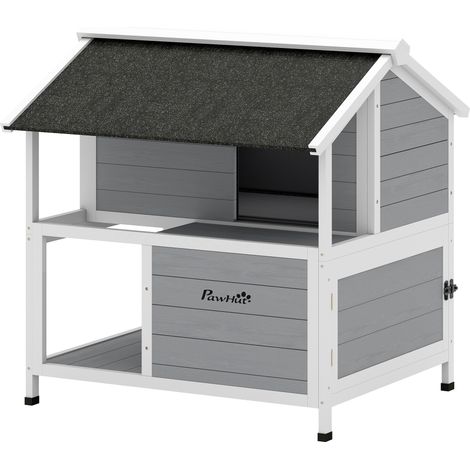 Abri extérieur pour chat, refuge imperméable à toit ouvrant, bois de pin, 80 x 93 x 95 cm, gris, niche de jardin robuste pour animaux. (1/5)