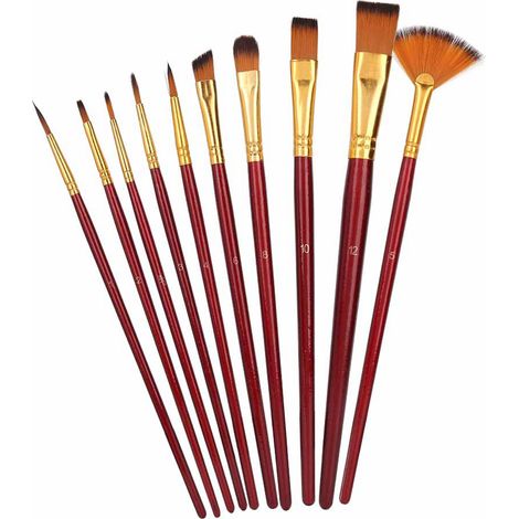 Ensemble de 10 pinceaux en nylon de styles variés, en bois, pour peinture à l'huile et à la gouache, couleur bordeaux. (1/5)
