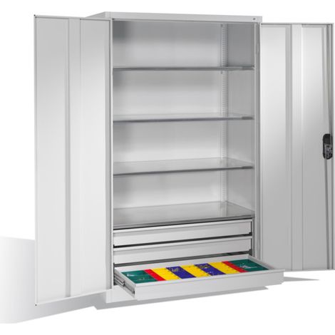 Armoire à outils C+P avec portes battantes, 4 tablettes et 3 tiroirs, H1950xL1200xP600mm Façade gris clair Corps gris clair (1/4)