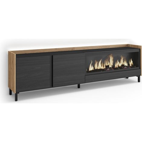 Skraut Home - Mueble TV, Televisión, Muebles de salón, almacenaje, 212x35x61cm, Para TV hasta 80", Chimenea eléctrica XXL, Diseño industrial, LED, Estilo Moderno, Negro y roble (1/5)