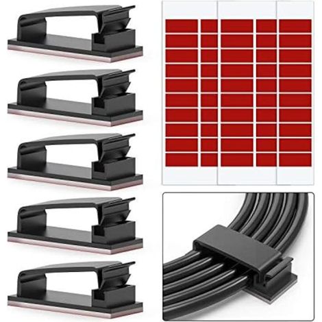 Lot de 50 clips de câble auto-adhésifs, organisateurs de câbles, supports de bureau, pour un rangement optimal. (1/5)
