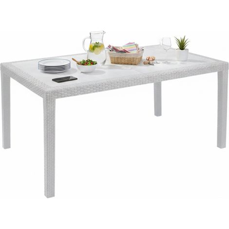 Dmora - Mesa de jardín Dfelic, Mesa rectangular fija, Mesa de jardín multiusos efecto ratán, 100% Made in Italy, 138x78h72 cm, Blanco