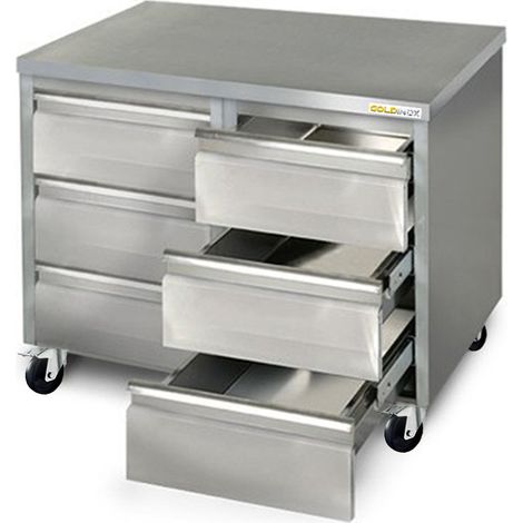 Meuble inox 6 tiroirs 1000 x 600 mm sur roulettes / GOLDINOX
