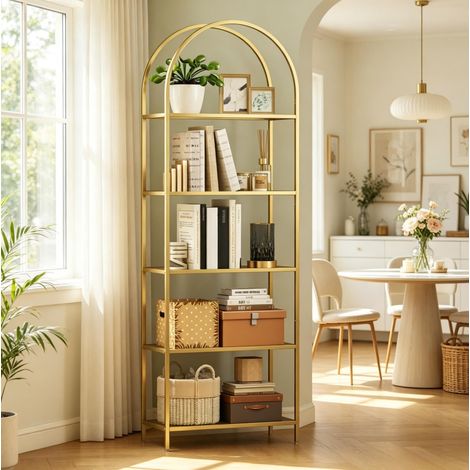 Estantería librería de 5 niveles de vidrio templado y acero dorado, 60 x 30 x 175 cm (1/5)