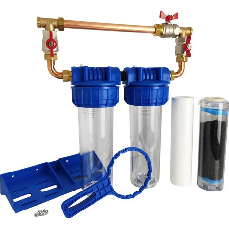 Toodo – Double porte filtre à eau 9" 3/4 bypass laiton – Cartouche 20µm – Installation rapide – Filtration sédiments et chlore – Fabriqué en France