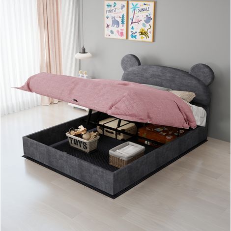 Letto per bambini 200x140x156 cm, con contenitore rialzabile, materasso 140x200x23 cm incluso, tessuto e metallo grigio (1/5)