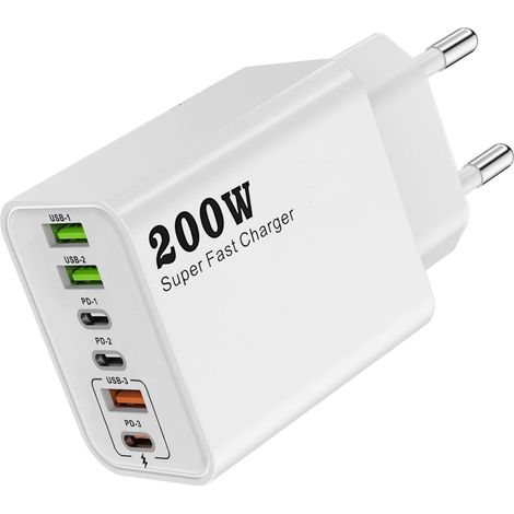 Chargeur USB-C 200W à 6 ports, chargeur rapide compact à multiples ports USB avec fonctions de protection, adapté à divers smartphones blanc (1/5)