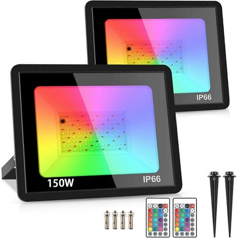 Set mit 2 RGB-LED-Strahlern, 220 V, wasserdicht (IP66), Farbwechsel, mit Fernbedienung, für Partys und Halloween, 150 W (1/5)
