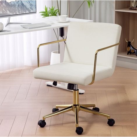 MEUBLIV Chaise de bureau à roulettes crème blanc avec accoudoirs dorés, réglable (1/5)