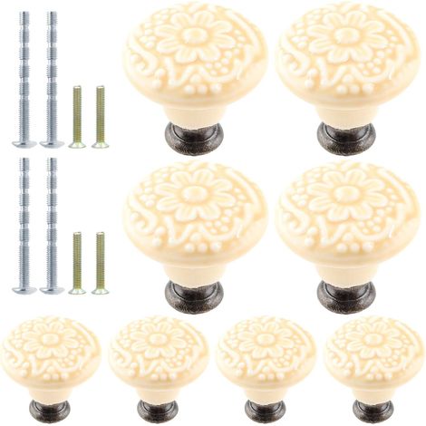 Lot de 8 boutons en céramique beige, poignées d'armoire de cuisine vintage, poignées de commode rétro en céramique, poignées décoratives pour placard, placard, porte de meubles (1/5)
