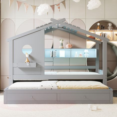 Lit de camp multifonction 90x200 cm gris avec lit intermédiaire,2 tiroirs,ports USB,LED et étagères de rangement. (1/5)