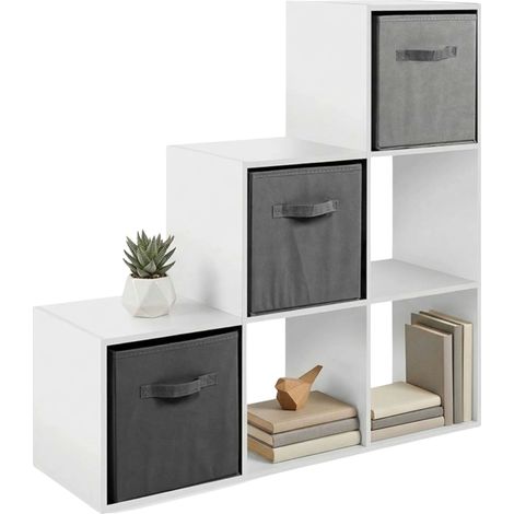 Estantería Librería 6 Cubos Abril, 3 Cajones Tela, Decoraciones, Blanco Mate y Gris 89x89x28 cm