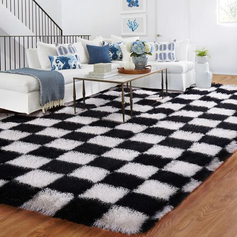 Tapis Damier Salon 120x180cm, Tapis Chambre Noir et Blanc, Lavable En Machine Carpet, Doux Shaggy AntidéRapant Moquette, Tapis Salon Carreaux, pour Descente de Lit et Chambre Garcon (1/5)