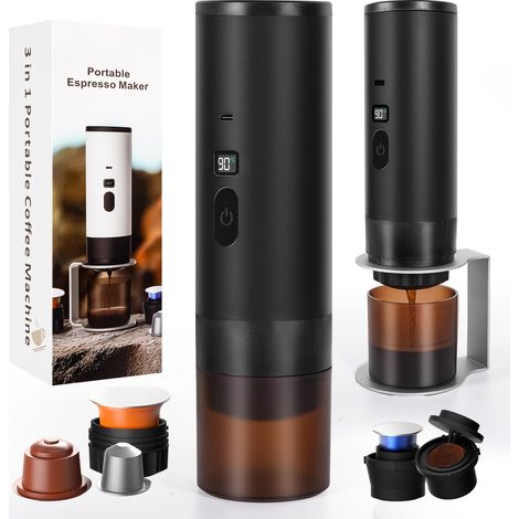 Machine à café portable, machine à expresso électrique avec Support, mini machine à capsules, compatible avec les capsules et le café moulu, chauffe instantanée, pour camping voyages, Noir (1/5)