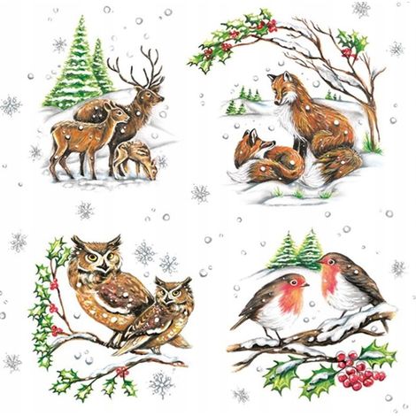 Tovaglioli di carta natalizi con animali del bosco invernale, 33x33 cm, 20 pezzi.