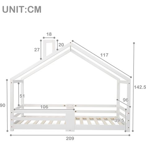 Lit cabane enfant avec cheminée, barrière de sécurité, lattes solides en pin blanc, 90x200 cm sans matelas