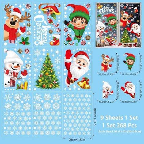 Autocollants Fenêtre Noël - 9 Pièces 20 x 30 cm - PVC Imprimé Recto-Verso - Pour Verre Miroir Vitres - Réutilisables Sans Colle - 9 Unités (1/5)