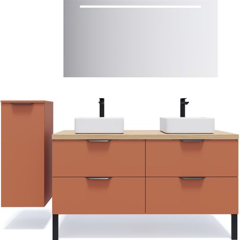 Meuble de salle de bain suspendu 2 vasques à poser 140cm 4 tiroirs Terracotta + miroir + colonne ouverture gauche - Soho (1/5)