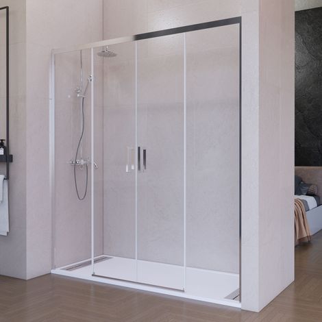 Mampara de ducha frontal corredera 165 cm 2 puertas + 2 fijos Plata cromo Cristal transparente 6 mm 195 cm altura