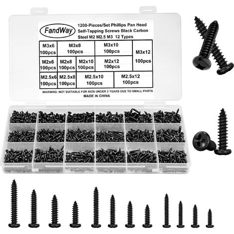 1200 Pièces Petites Vis Autotaraudeuses Tête Ronde Noir M2 M2.5 M3 Mini Vis à Bois Tête Bombée Cruciforme,Tôle Autoperceuses Pour Plastique Bois Devoirs DIY. (1/5)