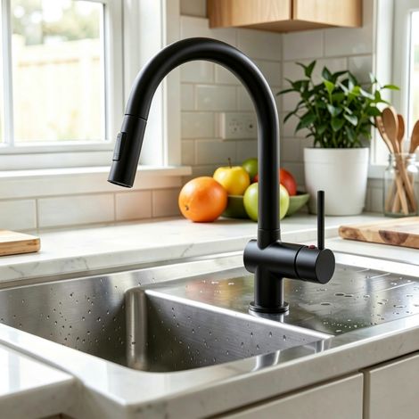 AICA Hochbogen Küchenarmatur ausziehbar 2 Strahlarten Messingkern Hochdruck KTW Schwarz Matt (1/5)