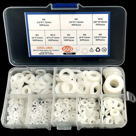 500 Pièces M2 M2.5 M3 M4 M5 M6 M8 M10 Rondelle En Plastique Nylon Rondelle Plate Vis Boulon Assortiment Kit, Blanc (1/5)