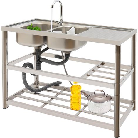 Lavelli Commerciali, Doppia Ciotola Lavandino Cucina, Lavello Da Esterno In Acciaio Inox, Set Di Lavello Da Cucina Con Rubinetto Tubi Di Scarico(120x45x80cm) (1/5)