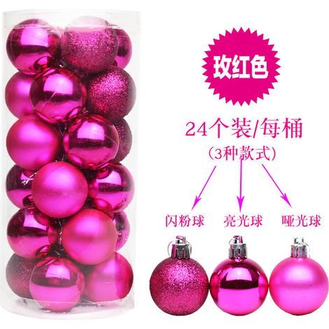 Seau en plastique pour emballage de Noël, boules de Noël brillantes électroplaquées, boules décoratives de Noël en plastique mat, cadeaux de Noël en gros, rouge rose, 6 cm (24 boules par paquet)