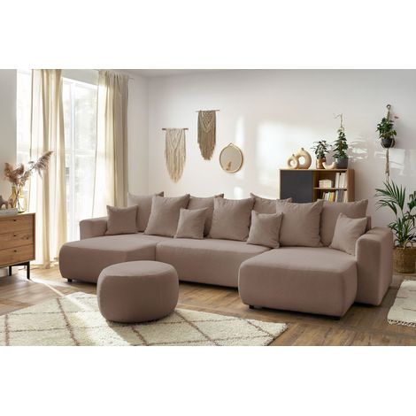 BOBOCHIC - Canapé panoramique convertible coffre ENVY tissu bouclette avec pouf rond Panoramique Marron (1/5)