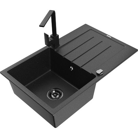 Mexen Bruno 1 Becken-Granitspüle mit Abtropffläche und Mischbatterie Rita, Schwarz/Silbermetallic - (1/5)